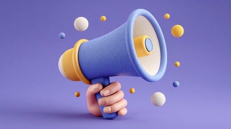 手持蓝色扩音器的3D插图