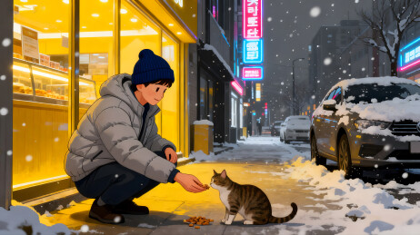 冬夜街头喂猫人