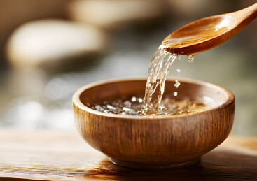 木勺舀起一勺清澈的水