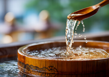 木勺舀起一勺清澈的水