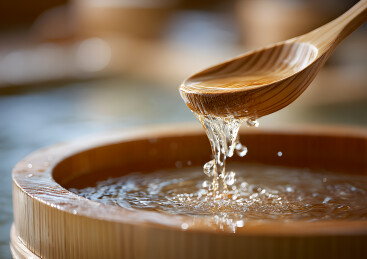 木勺舀起一勺清澈的水