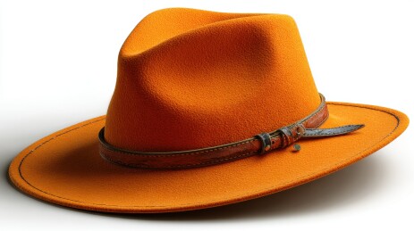 橙色宽檐帽配棕色皮带装饰