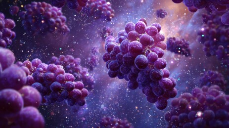 紫色葡萄簇在宇宙背景下的梦幻场景