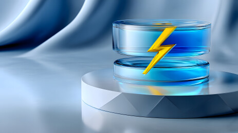 蓝色液体容器中的金色闪电符号