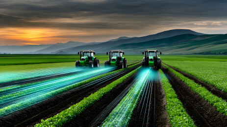 三台拖拉机田间作业光影轨迹