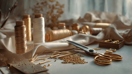 手工缝纫工具与金色线材特写