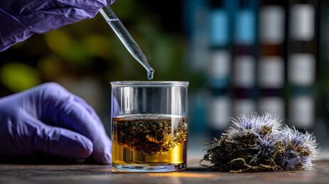 实验人员滴加液体至含植物样本的玻璃杯中