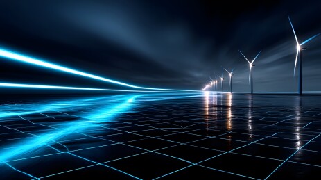 蓝色光轨与风力发电机夜景