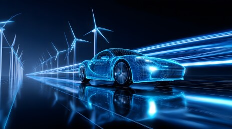 蓝色网格跑车疾驰风力发电机旁