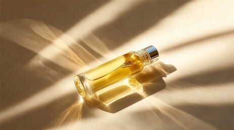 一瓶金色液体置于光影交错的柔和背景上