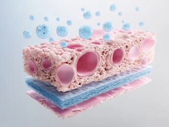 多层结构展示粉色孔洞材料与蓝色薄膜组合