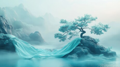 雾中孤树与蓝纱瀑布