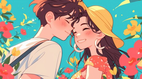 情侣在花丛中亲吻