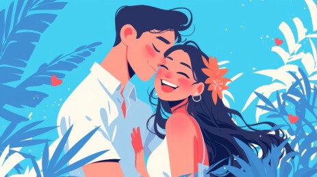 情侣在热带植物间亲吻