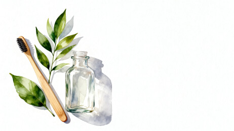 竹制牙刷与绿叶瓶装物