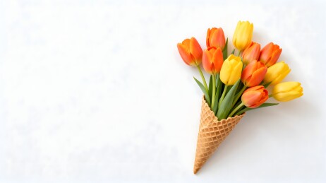 冰淇淋甜筒里的郁金香花束
