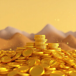 金色硬币堆叠于沙漠背景