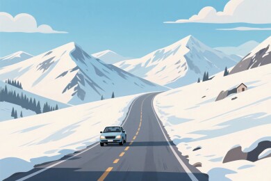 雪山公路冬季风景插画