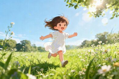 小女孩奔跑在花丛中