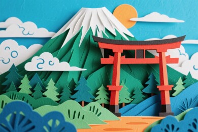 纸艺风格富士山与鸟居