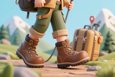 登山靴与行李箱户外插画