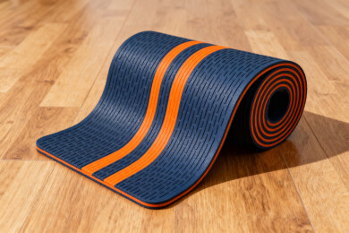 蓝色橙条瑜伽垫卷放木地板