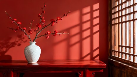 红墙旁的梅花与瓷瓶