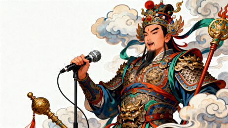 古代将军手持麦克风演讲