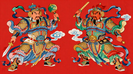 中国传统门神画像色彩鲜艳