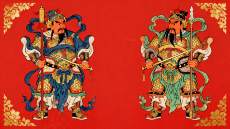 传统门神画像色彩鲜艳威严