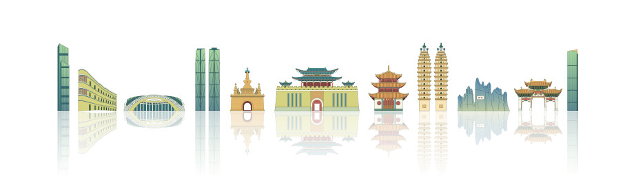 昆明城市建筑描边矢量插画