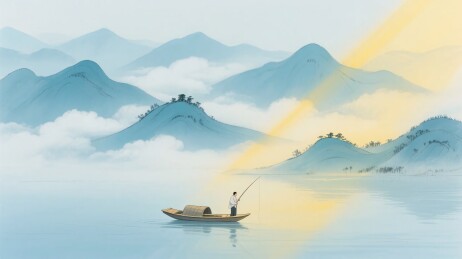 山水间独舟垂钓景象