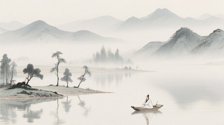 水墨山水间的独舟之人