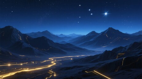 夜空下山脉与蜿蜒灯光景象