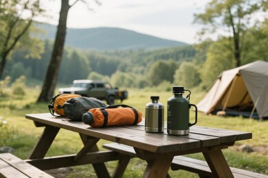 户外露营场景下的野餐桌物品