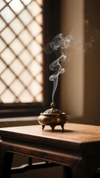 香炉白烟与几何窗景