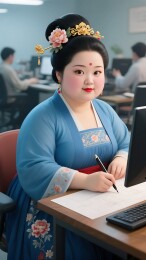 汉服女子在办公室写字