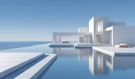 海边现代白色建筑与泳池