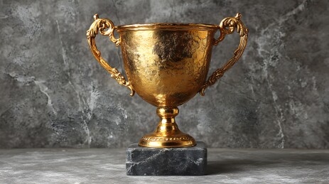 金杯雕饰置于石座，庄重金光