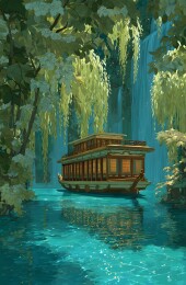 翠绿水域画舫漂浮，宁静唯美风景