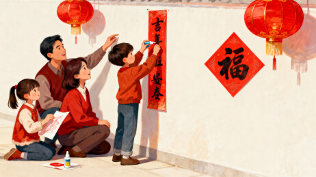 春节家庭贴春联挂灯笼