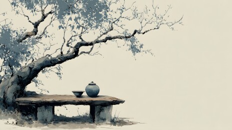 古树石桌茶具 宁静氛围