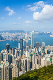 中国香港维多利亚港城市天际线俯瞰图