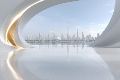 未来城市景观的弧形窗景
