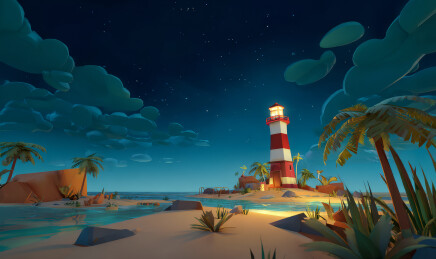 宁静海岸线上的灯塔夜景