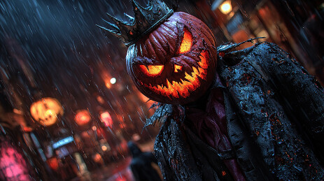 戴皇冠的南瓜头形象处于热闹的小镇场景中