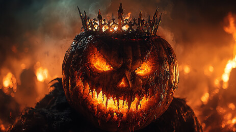 戴皇冠的南瓜头形象处于热闹的小镇场景中