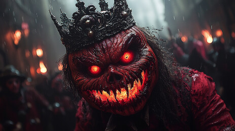 戴皇冠的南瓜头形象处于热闹的小镇场景中