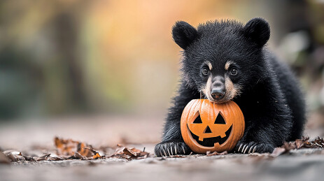 小熊与带有鬼脸的发光南瓜上