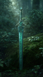 一把精美的发光绿宝石剑在森林里